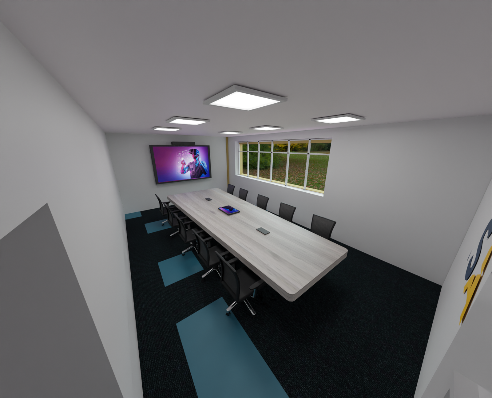 Sala de videoconferencias con mesa de juntas para 12 personas y pantalla